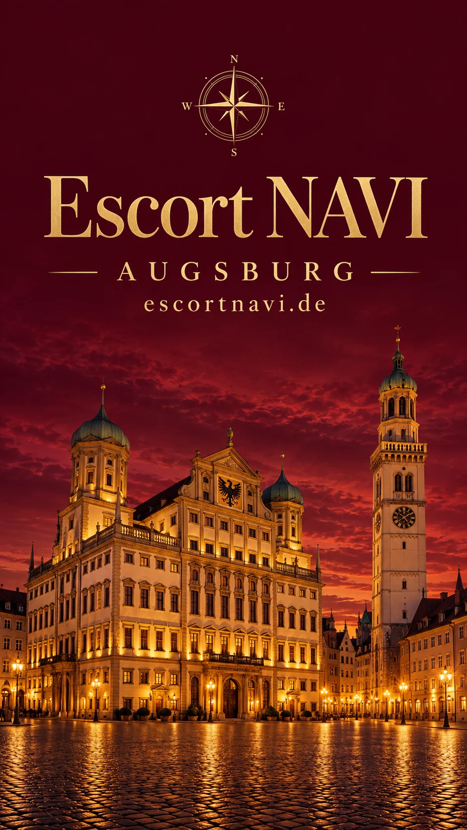 Escort NAVI – Augsburg: KI-Stadtcover mit Rathaus und Perlachturm in Burgundy und Gold