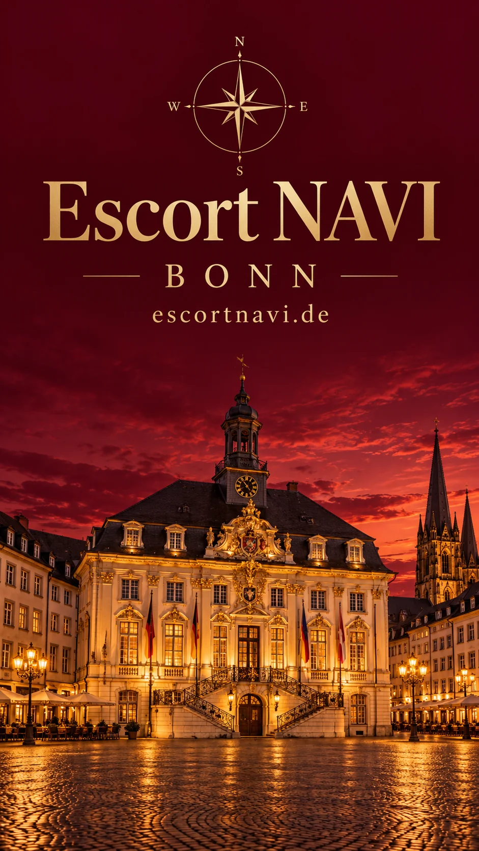 Escort NAVI – Bonn: KI-Stadtcover mit Historisches Rathaus in Burgundy und Gold