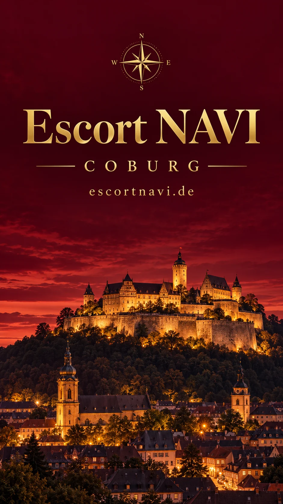 Escort NAVI – Coburg: KI-Stadtcover mit Veste Coburg in Burgundy und Gold