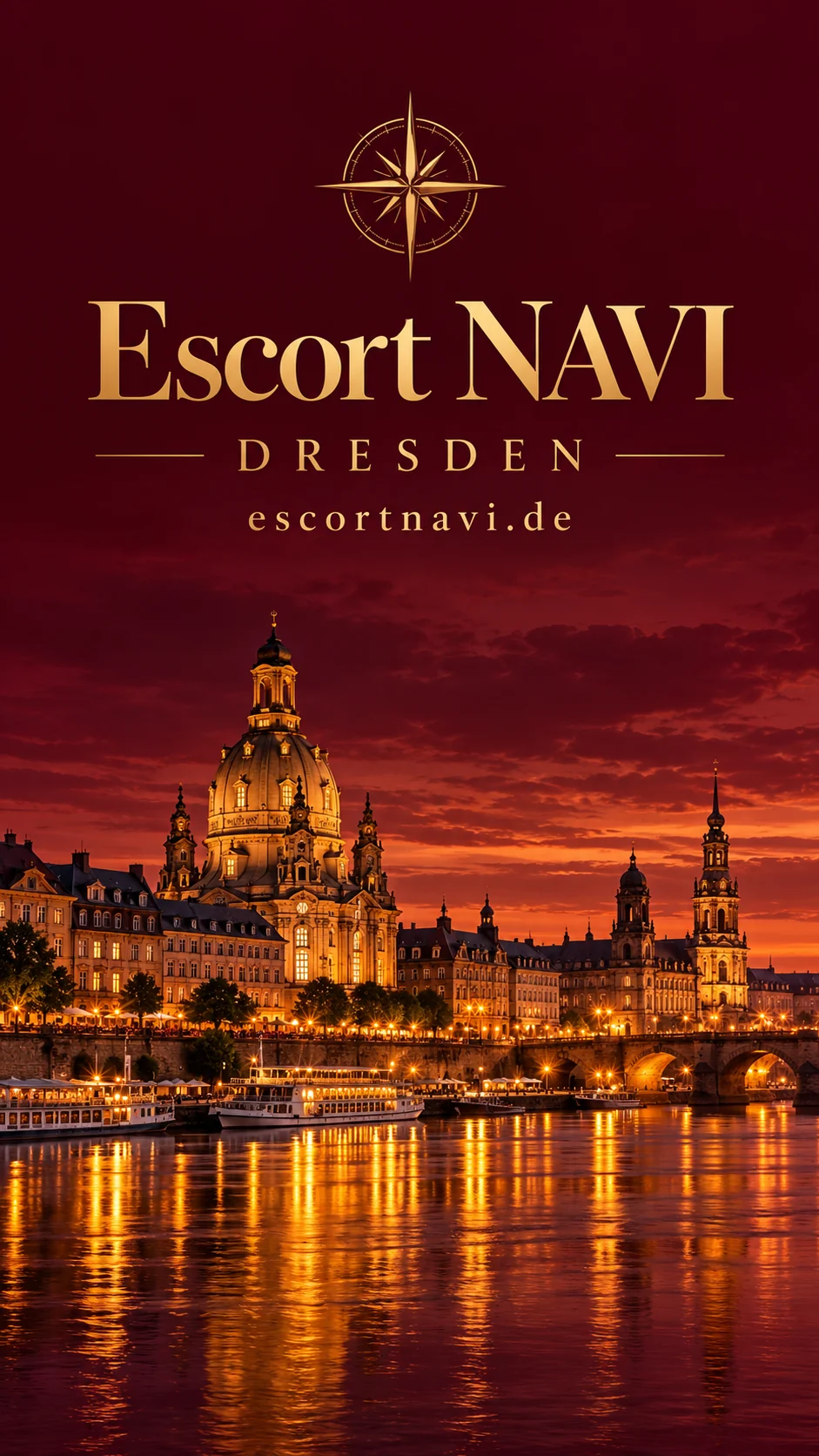 Escort NAVI – Dresden: KI-Stadtcover mit Frauenkirche und Elbufer in Burgundy und Gold