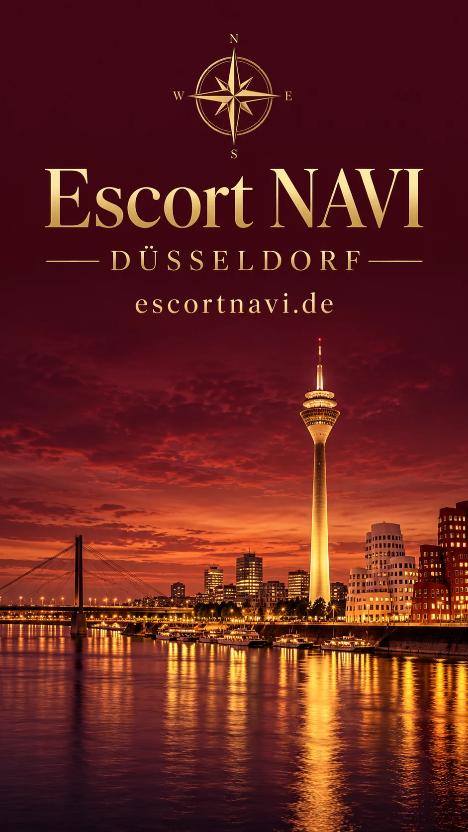 Escort NAVI – Düsseldorf: KI-Stadtcover mit Rheinturm und Rheinufer in Burgundy und Gold
