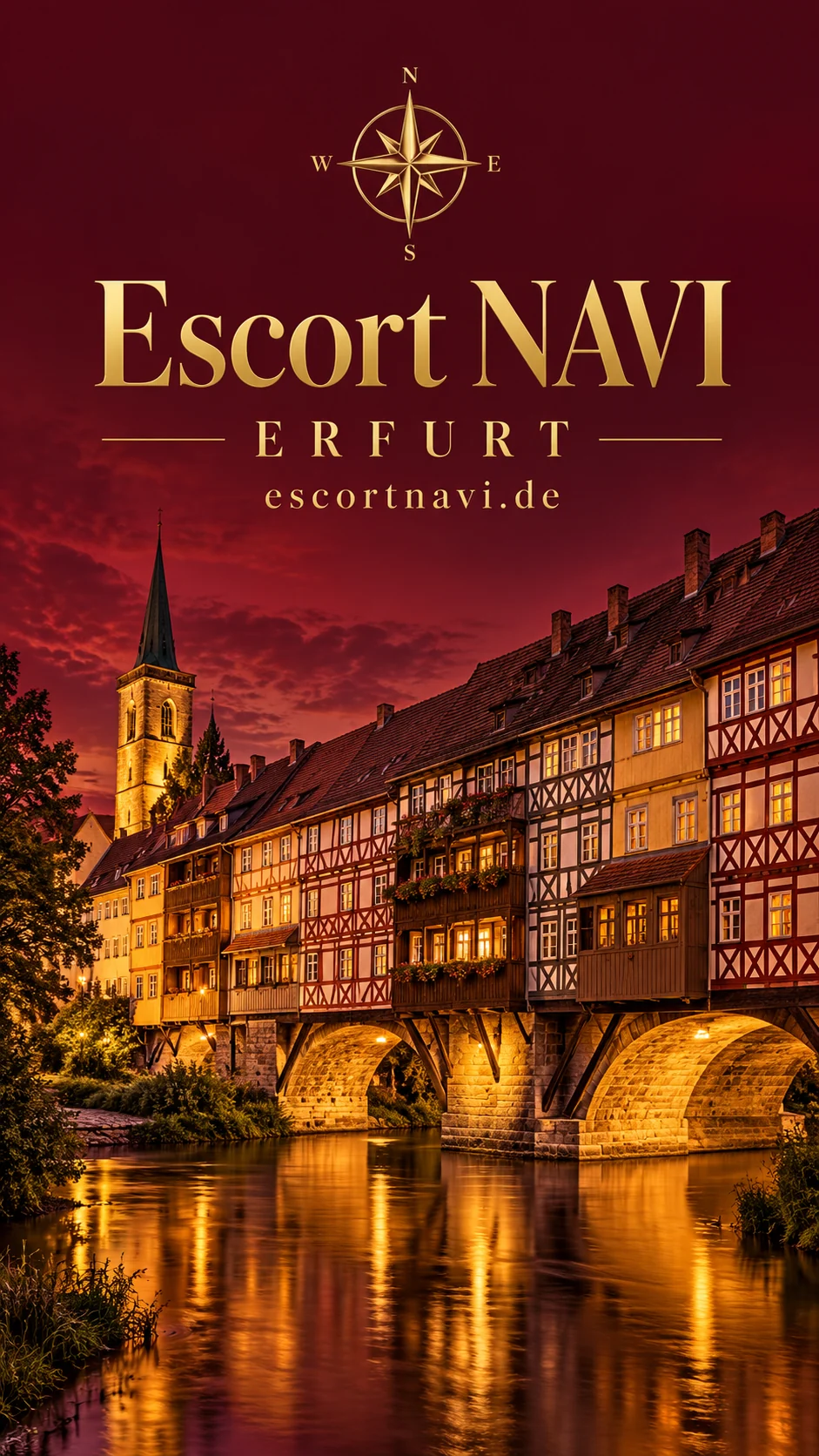 Escort NAVI – Erfurt: KI-Stadtcover mit Krämerbrücke in Burgundy und Gold