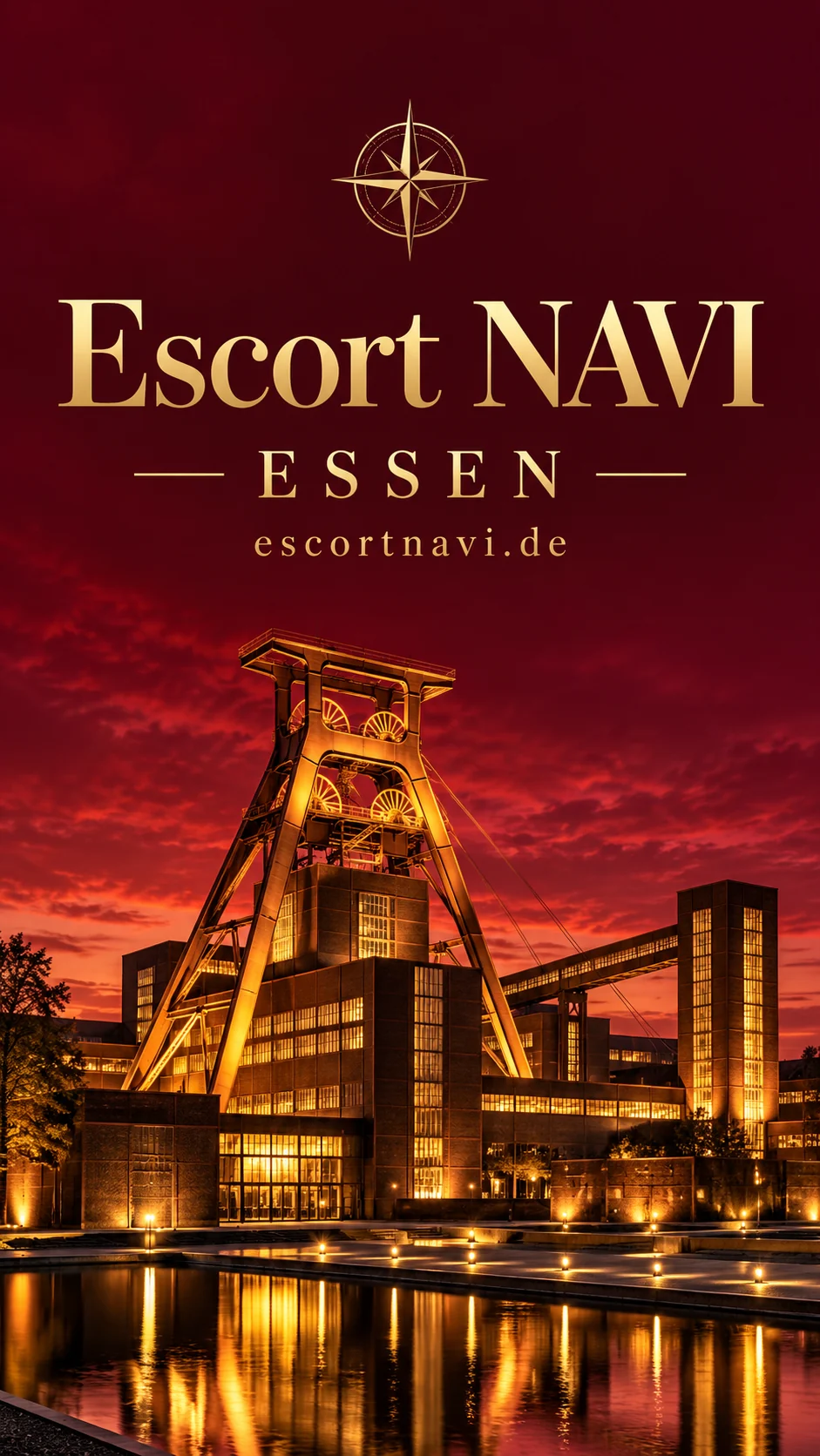 Escort NAVI – Essen: KI-Stadtcover mit Industriekultur der Zeche Zollverein in Burgundy und Gold