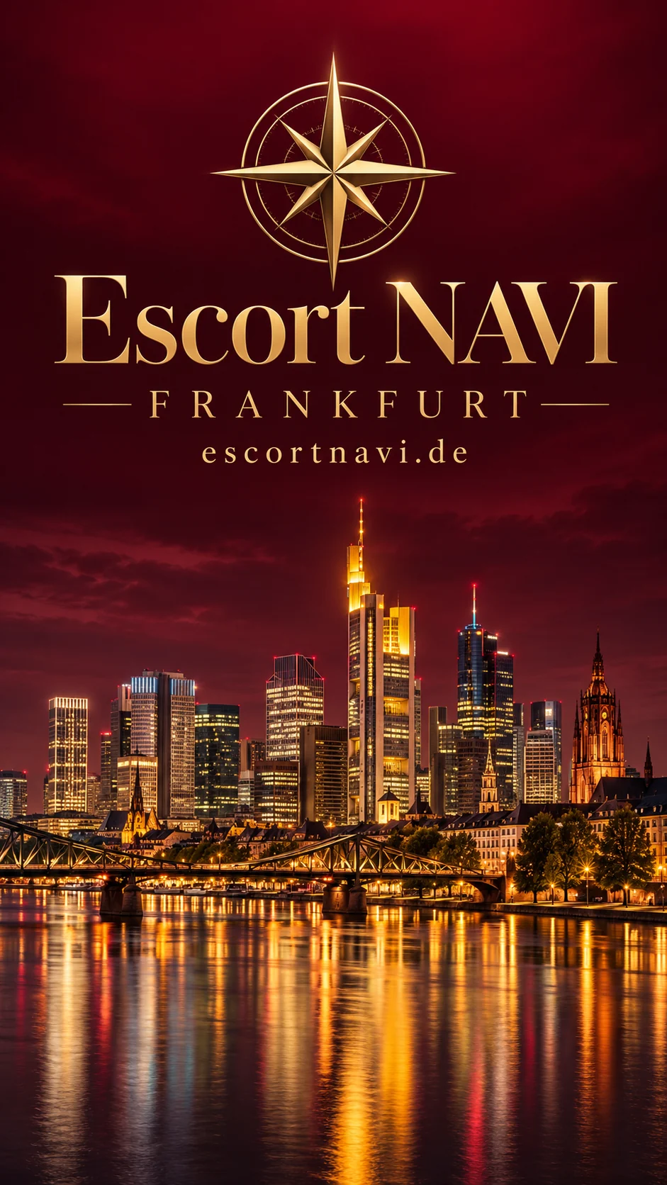 Escort NAVI – Frankfurt am Main: KI-Stadtcover mit Skyline am Main in Burgundy und Gold