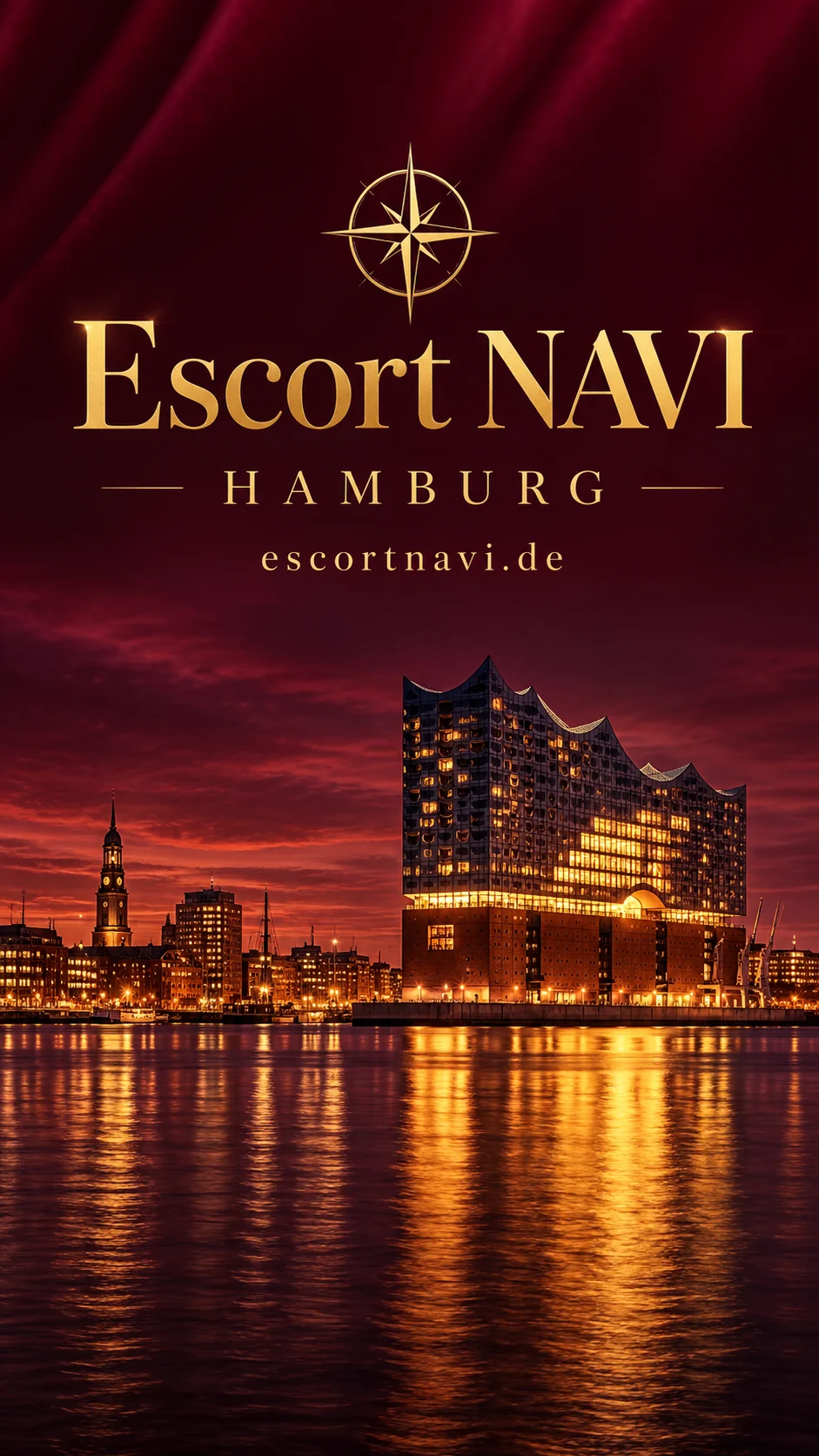 Escort NAVI – Hamburg: KI-Stadtcover mit Elbphilharmonie und Hafen in Burgundy und Gold