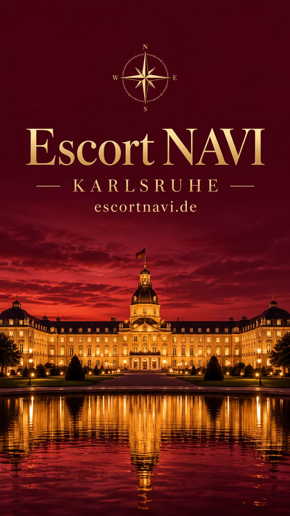 Escort NAVI – Karlsruhe: KI-Stadtcover mit Schloss Karlsruhe in Burgundy und Gold