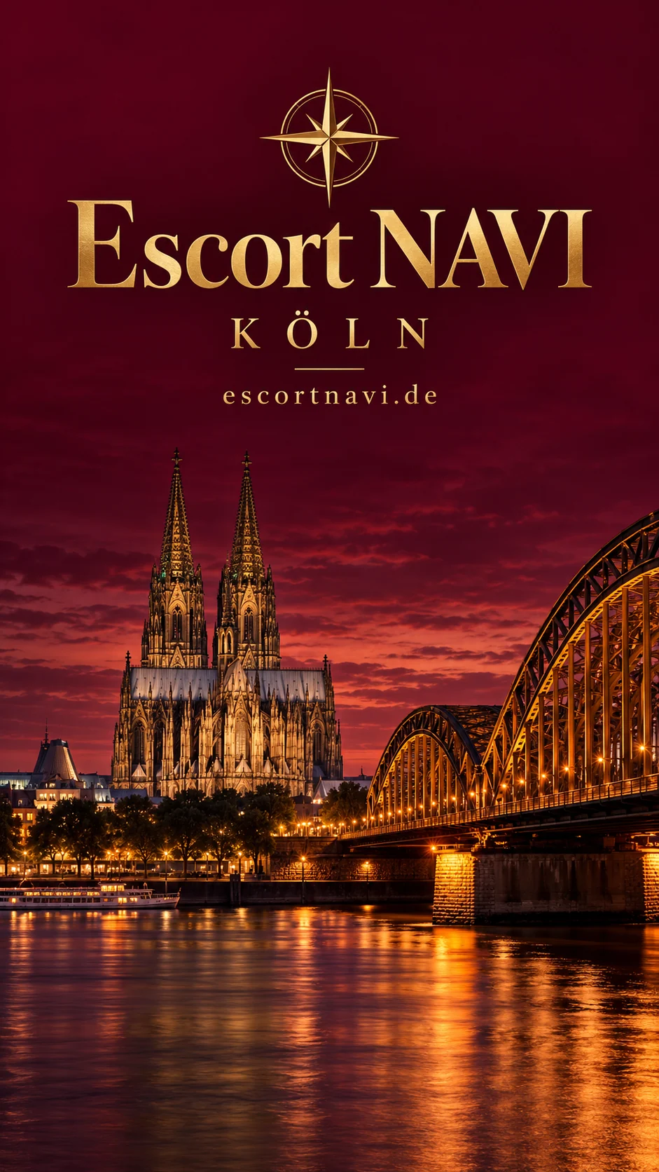 Escort NAVI – Köln: KI-Stadtcover mit Kölner Dom und Rheinbrücke in Burgundy und Gold