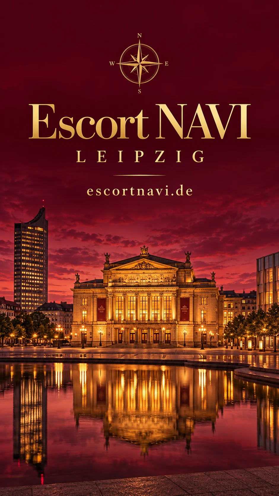 Escort NAVI – Leipzig: KI-Stadtcover mit Stadtansicht am Augustusplatz in Burgundy und Gold