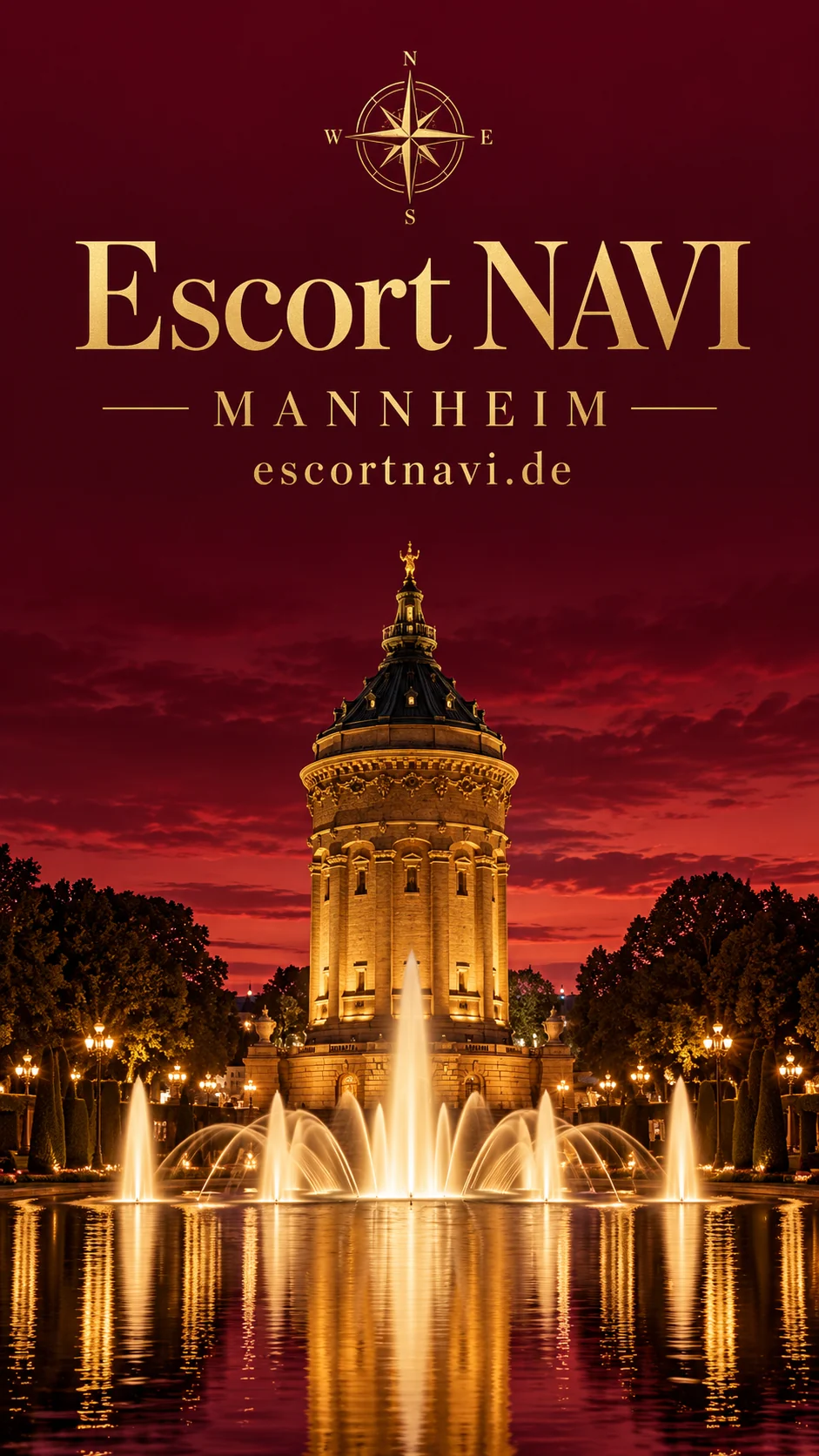 Escort NAVI – Mannheim: KI-Stadtcover mit Wasserturm in Burgundy und Gold