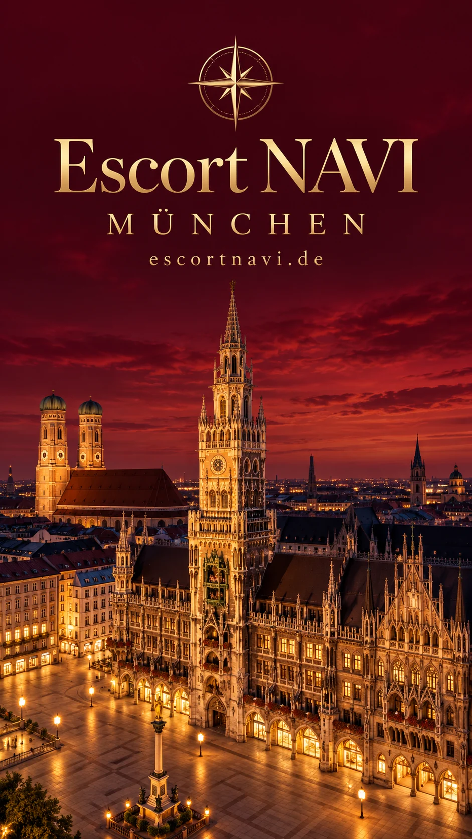 Escort NAVI – München: KI-Stadtcover mit Marienplatz und Neues Rathaus in Burgundy und Gold