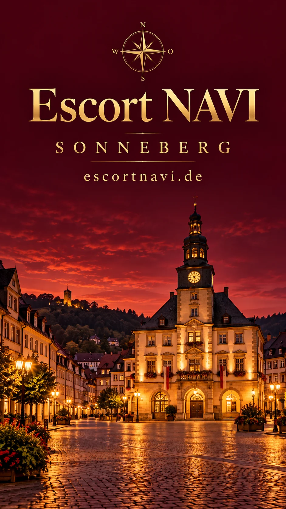 Escort NAVI – Sonneberg: KI-Stadtcover mit Illustration des Stadtzentrums in Burgundy und Gold