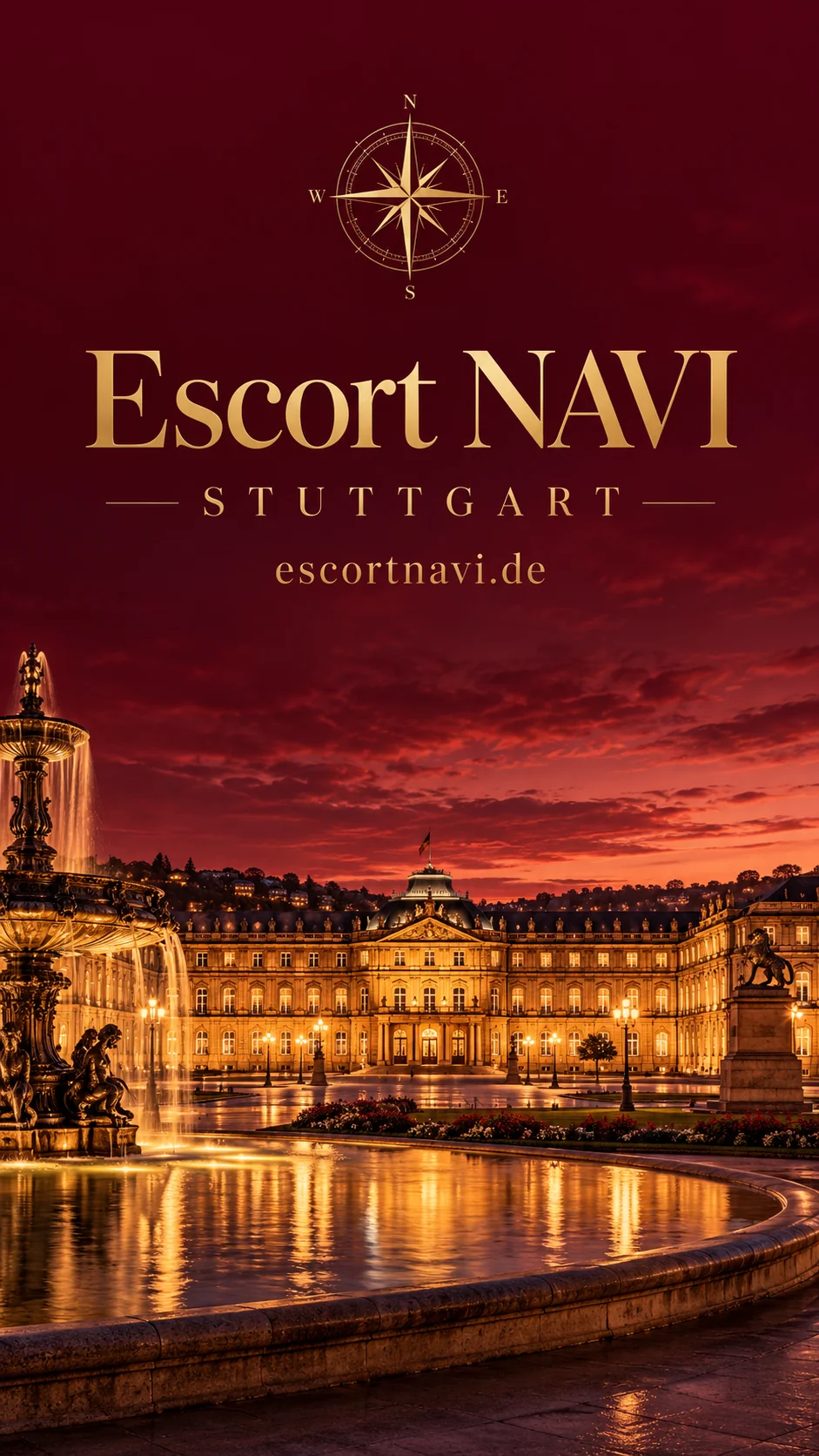 Escort NAVI – Stuttgart: KI-Stadtcover mit Schlossplatz in Burgundy und Gold